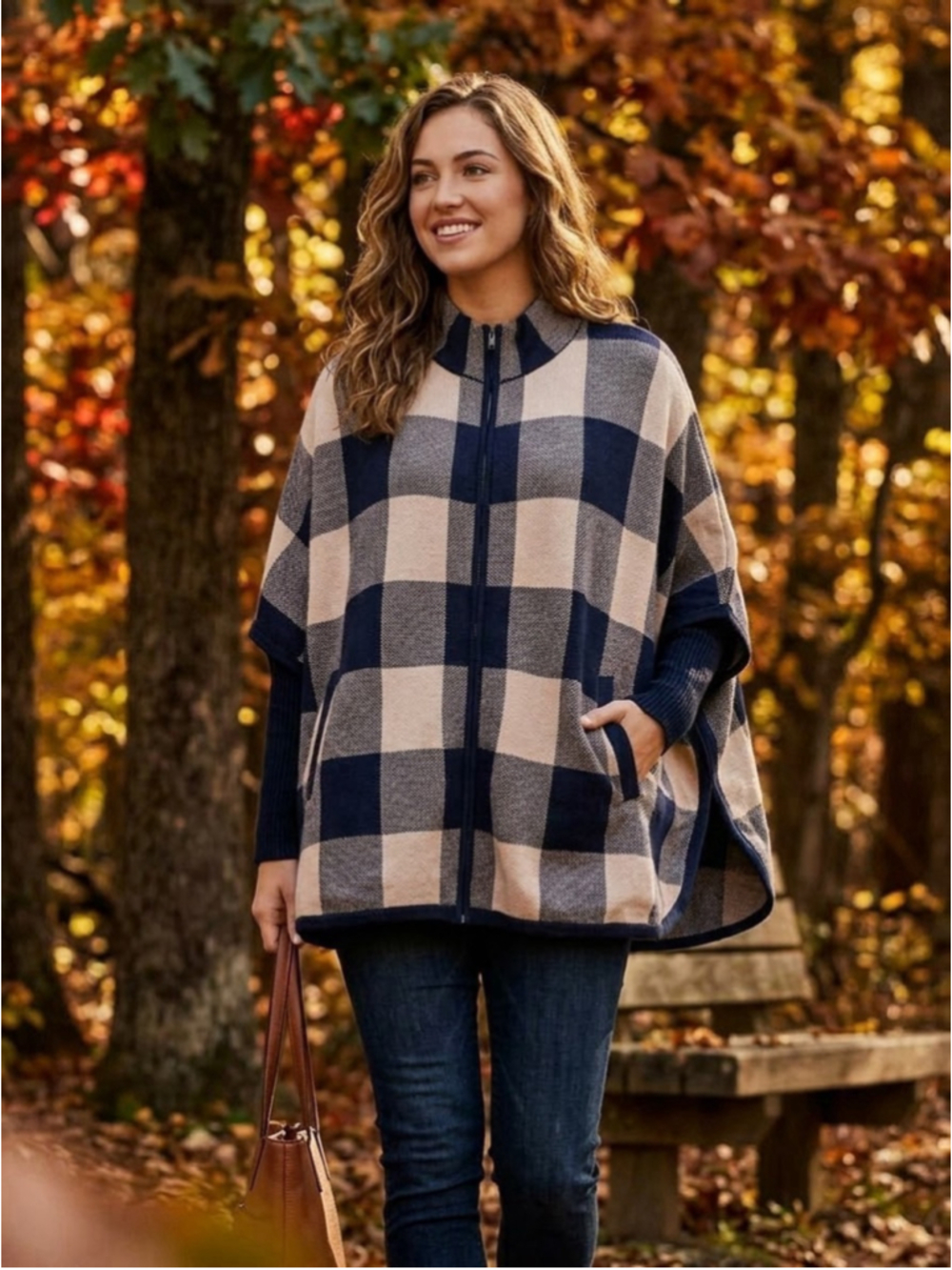 Jones New York Signature Poncho Cape -1X-Plaid Buffalo Check Wool Blend Zip Knit